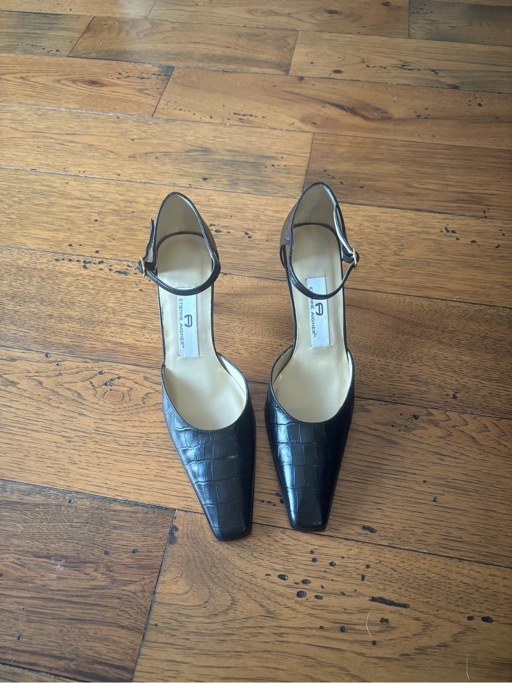 Vintage Etienne Aigner Black Croc-Embossed Square-Toe Ankle-Strap Pumps 8.5